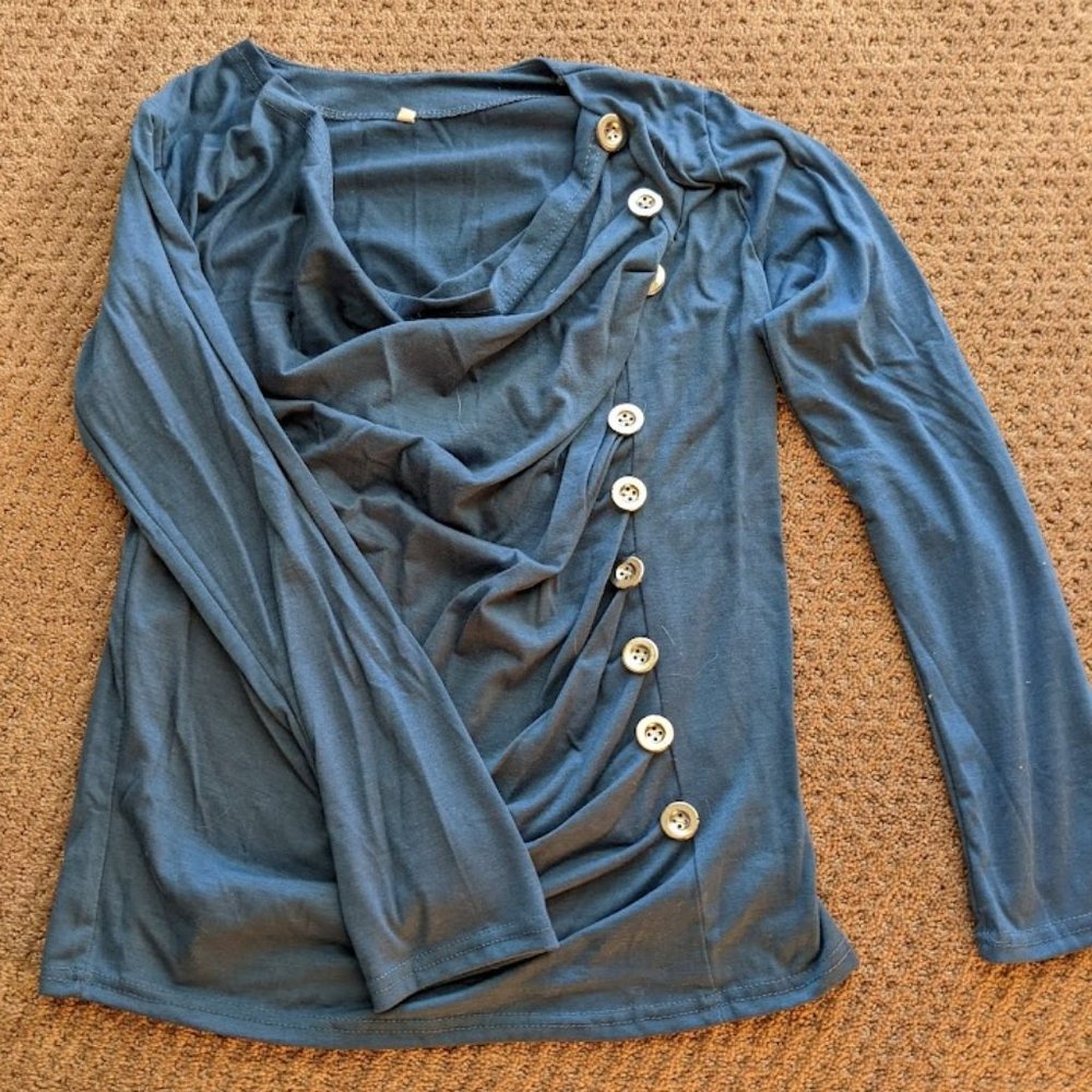 Dark Teal-Blue, Button Accent, Long Sleeve, Women's Blouse